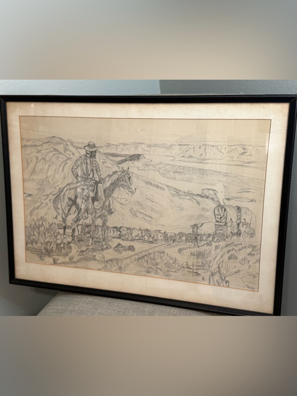 Framed Western Landscape Pencil drawing